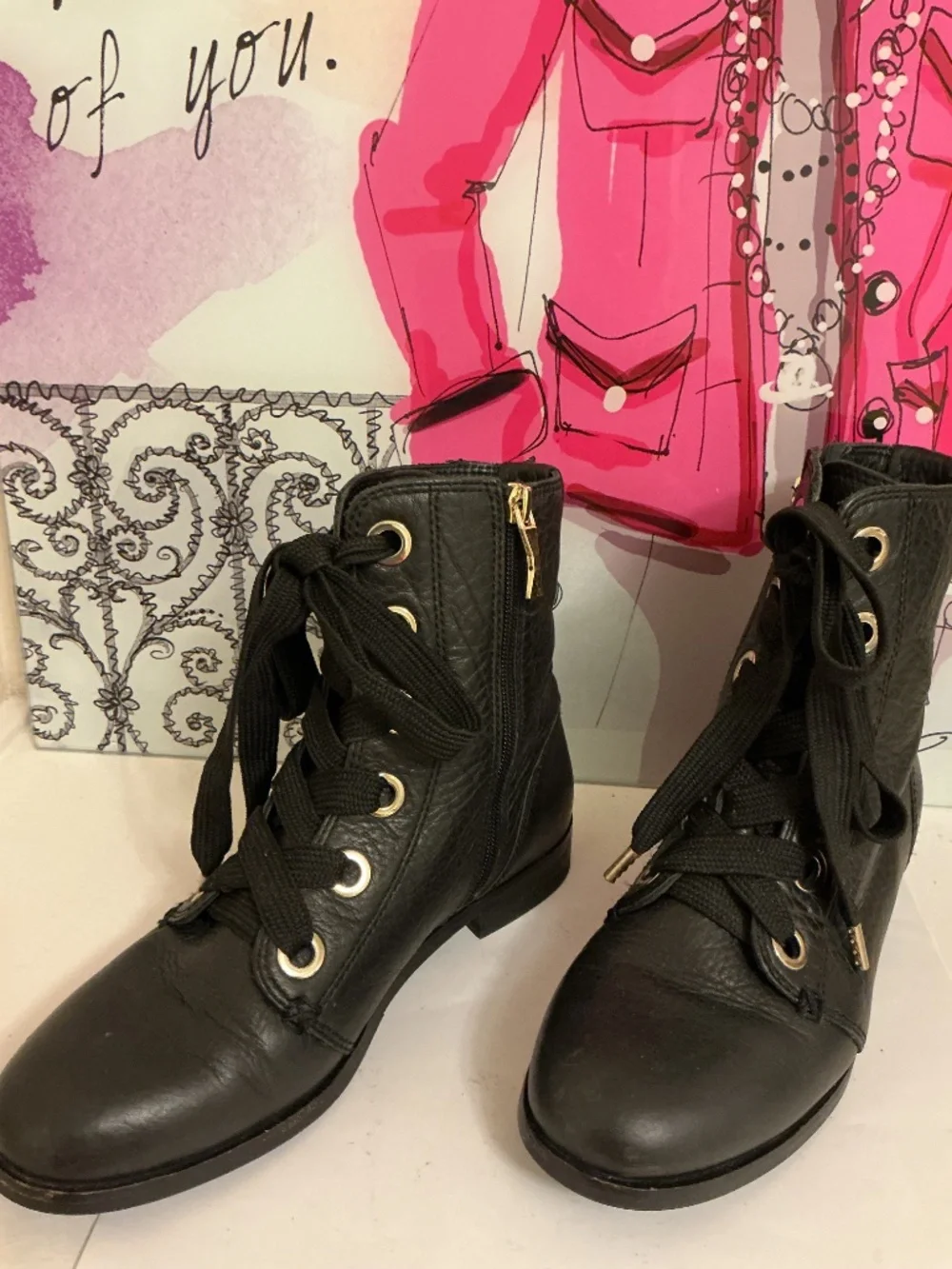Kate Spade New York Genuine Leather Black Lace-Up Combat Boots — Size 7M